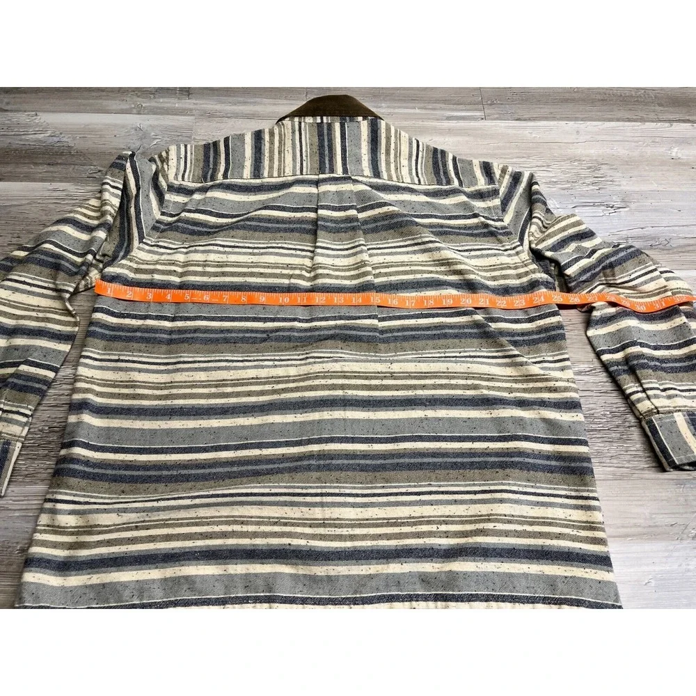 Orvis Flannel Button Up Shirt Suede Collar‎ Striped Mens Size L Western Blue Tan